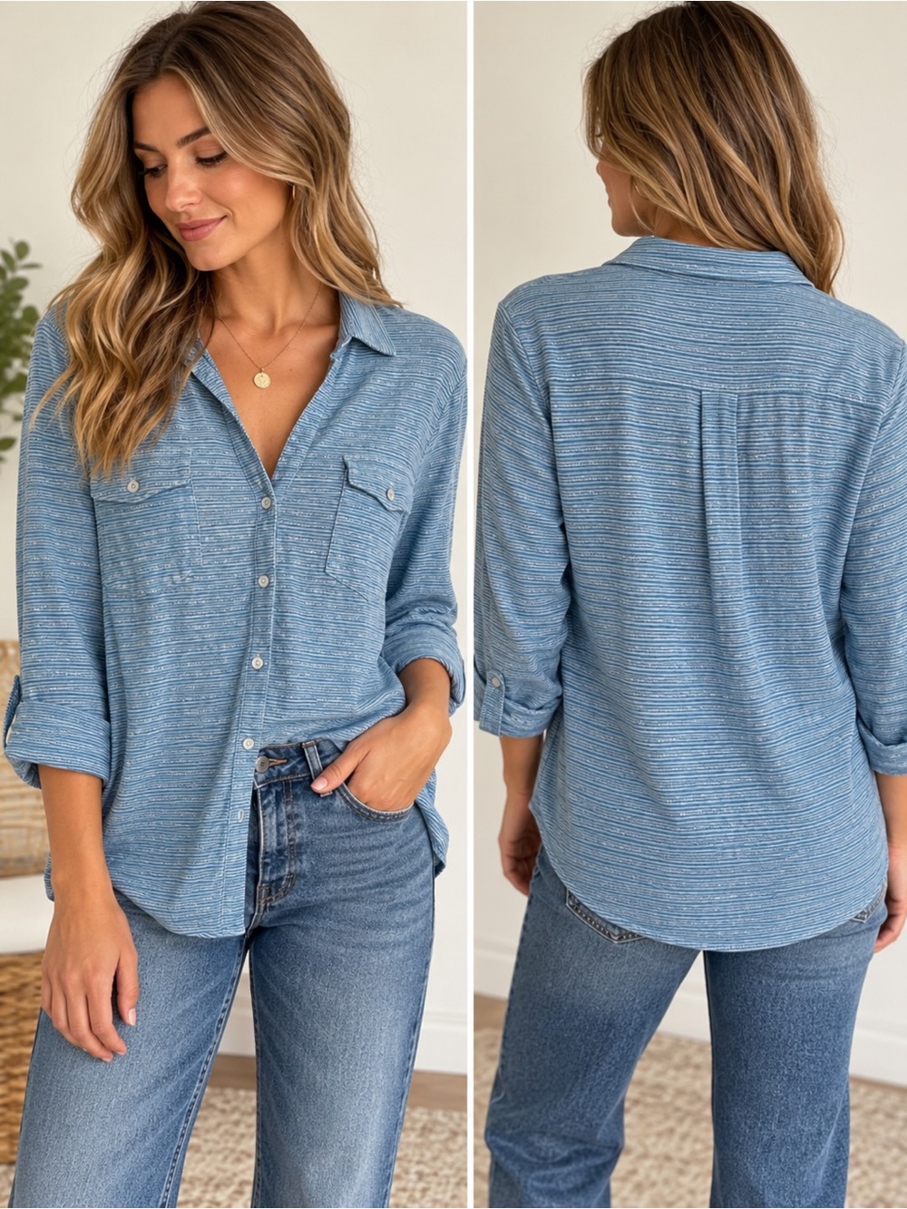 J. McLaughlin Striped Linen Button Down Shirt Size L Blue White 3/4 Sleeve